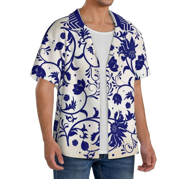 Lsque Blue And White Porcelain Pattern print Men's Cuban Collar Short Sleeve Shirt Summer Beachwear Casual Button Down Fashionable Vacation Leisure Shirt-4X-Large