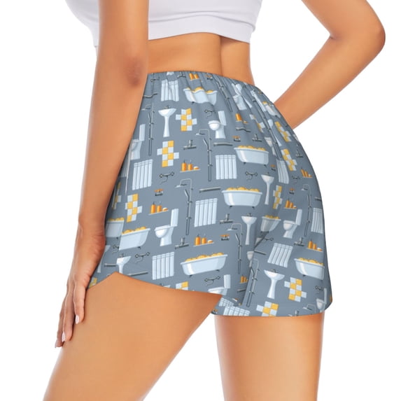 Lsque Blue Bathroom Printed Women's Running Shorts with Liner Pockets,Elastic Quick Dry Workout Athletic Gym Yoga Shorts,Womens High Waist Shorts-XX-Large