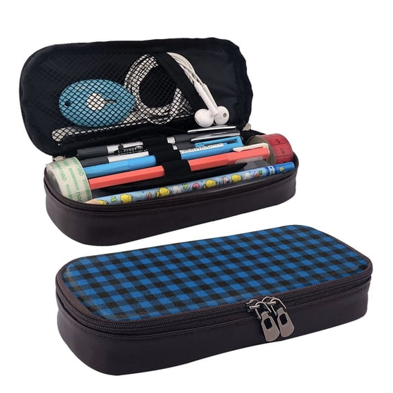 Lsque Blue Black Plaid Printed Big Capacity PU Leather Pencil Case Large Pencil Pouch Stationery Pen Bag Pencil Holder for Teen