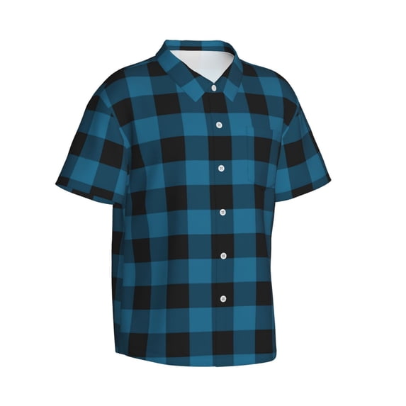 Lsque Blue Black Plaid pattern Hawaiian Shirt for Men, Unisex Summer Beach Casual Short Sleeve Button Down Shirts-X-Large