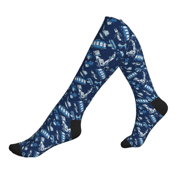 Lsque Blue Bus Pattern Sport Compression Socks for Men & Women 15-20 mmHg Knee High Nurse Pregnant Running Medical and Travel Athletic