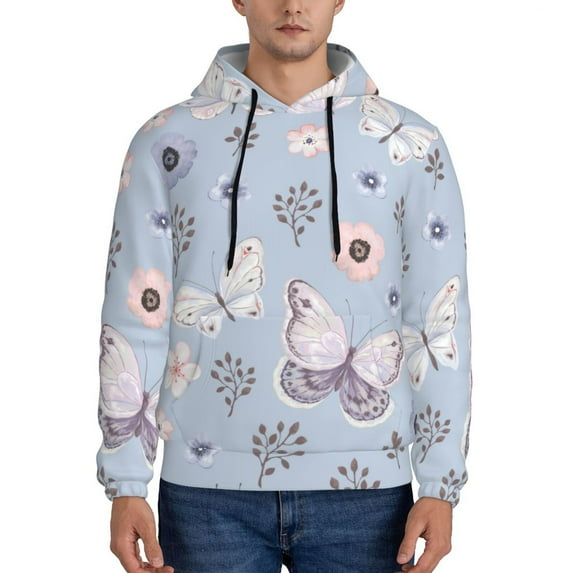 Lsque Blue Butterfly Pattern Casual Men's Hoodie,Hooded Sweatshirt with Kangaroo Pocket,Pullover Hoodie-3X-Large