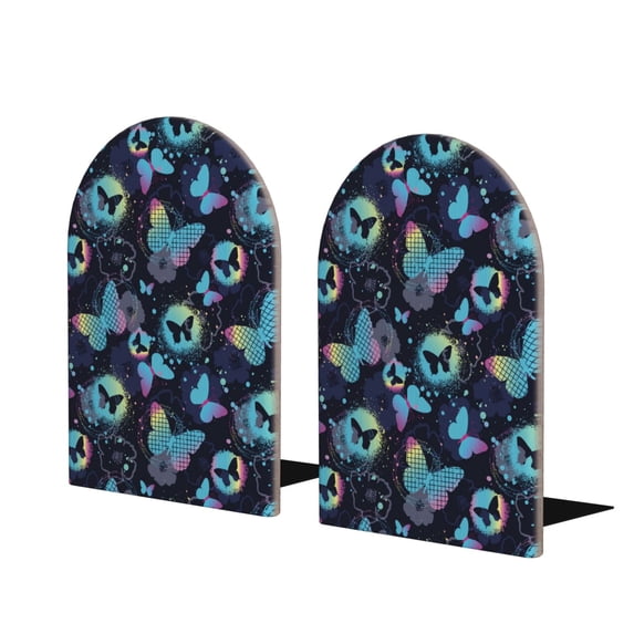 Lsque Blue Butterfly Printed Wood Bookends,Non-Skid Bookend for Shelves,Heavy Duty Support Bookends,Non-Slip Foam Pads for Office, Home, and Library,1 Pair