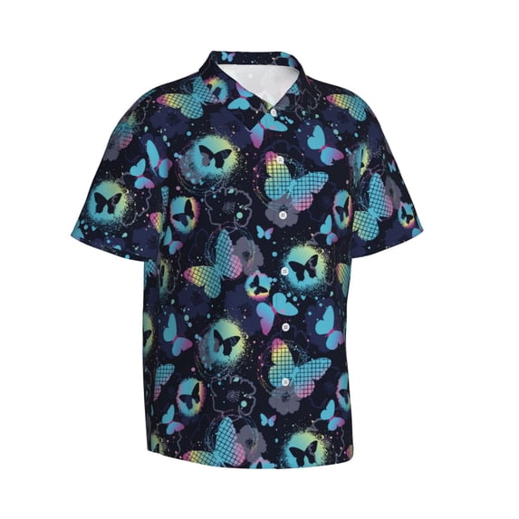 Lsque Blue Butterfly pattern Hawaiian Shirt for Men, Unisex Summer Beach Casual Short Sleeve Button Down Shirts-