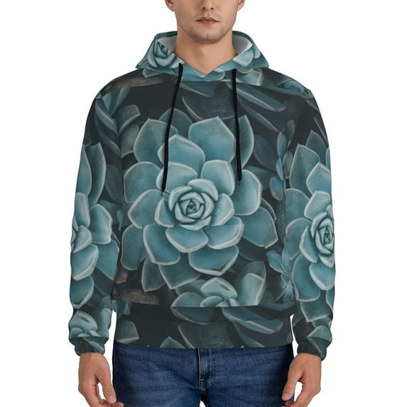 Lsque Blue Color Cactus Pattern Casual Men's Hoodie,Hooded Sweatshirt with Kangaroo Pocket,Pullover Hoodie-Medium