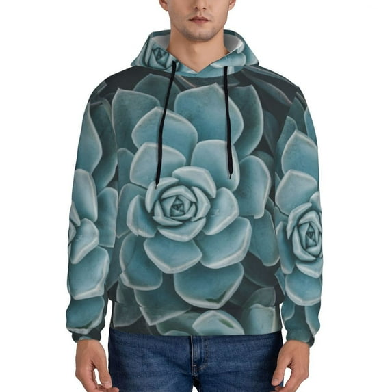Lsque Blue Color Cactus Pattern Casual Men's Hoodie,Hooded Sweatshirt with Kangaroo Pocket,Pullover Hoodie-Small
