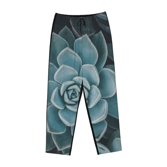 Lsque Blue Color Cactus Print Women's Pajama Pants, Lounge Pant - Comfortable Home Wear,Elastic Waistband, Stylish Design-Small