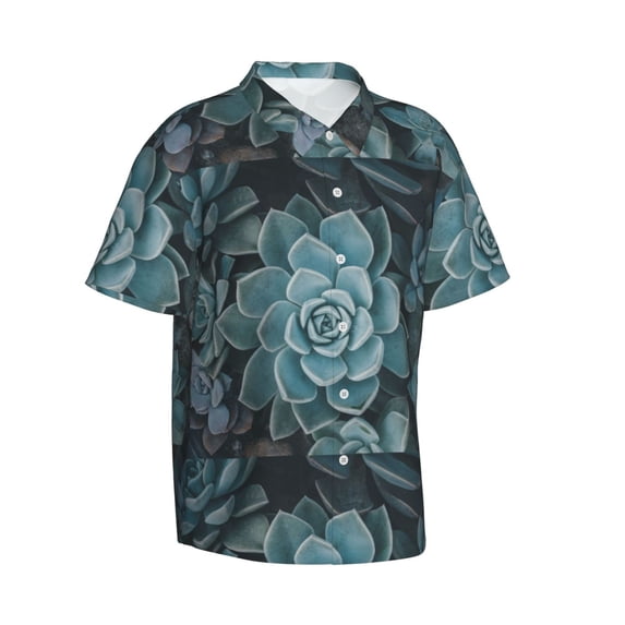 Lsque Blue Color Cactus pattern Hawaiian Shirt for Men, Unisex Summer Beach Casual Short Sleeve Button Down Shirts-Small