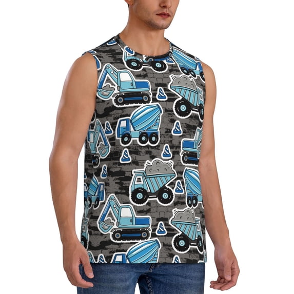 Lsque Blue Excavator Print Men's Cotton Blend Sleeveless Muscle Shirts (S-3XL)- Moisture Wicking, Odor Protection, UPF 30+,Medium