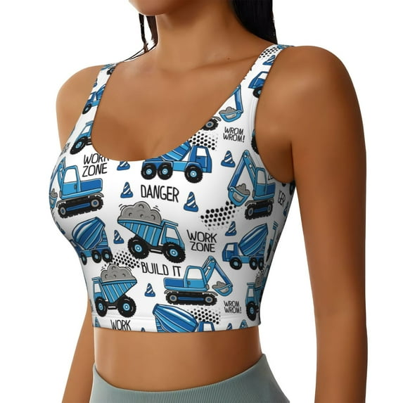 Lsque Blue Excavator Printed Women'S Sports Bra, Compression, Moisture Wicking, High-Impact Sports Bra For Women,Supportive sports bra-Small