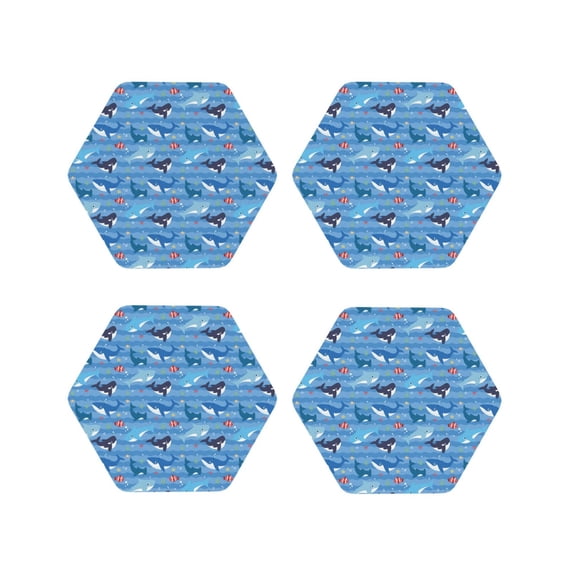 Lsque Blue Fish Pattern 4" Drink Coasters Set of 4, PVC Leather Absorbent Coasters, Table Coaster Set Decorative Coffee Cup Coasters Housewarming Gift -Hexagon