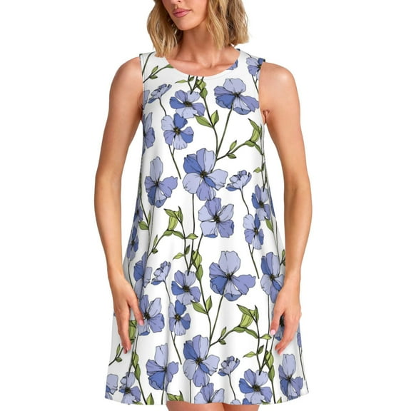 Lsque Blue Flax Flowers Pattern Summer Dresses for Women – Sleeveless T-Shirt Swing Sundress, Perfect for the Beach and Casual Days