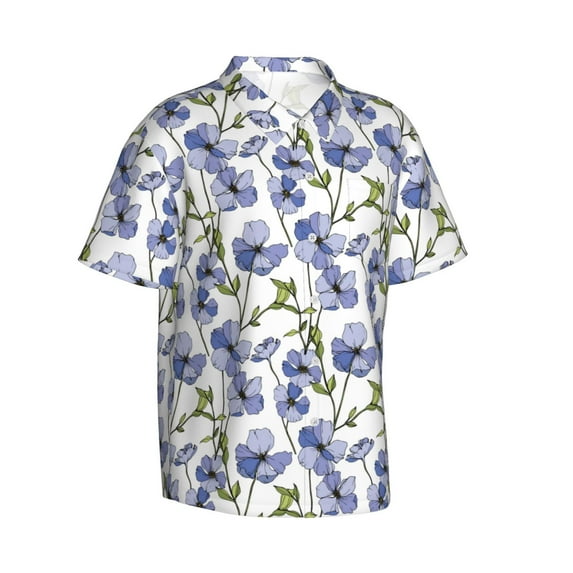 Lsque Blue Flax Flowers pattern Hawaiian Shirt for Men, Unisex Summer Beach Casual Short Sleeve Button Down Shirts-Small