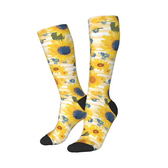 Lsque Blue Floral Sunflower Printed Crew Socks Men's Women's LightWeight Thin Casual Calf Socks ,Knee High Socks,Cotton Socks