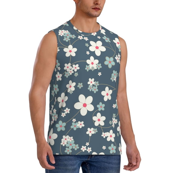 Lsque Blue Flower Print Men's Cotton Blend Sleeveless Muscle Shirts (S-3XL)- Moisture Wicking, Odor Protection, UPF 30+,3X-Large