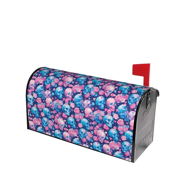 Lsque Blue Flower Skull Mailbox Cover Standard Size ,Magnetic Mailbox Covers Post Wraps Letter Box Cover -21x18 in