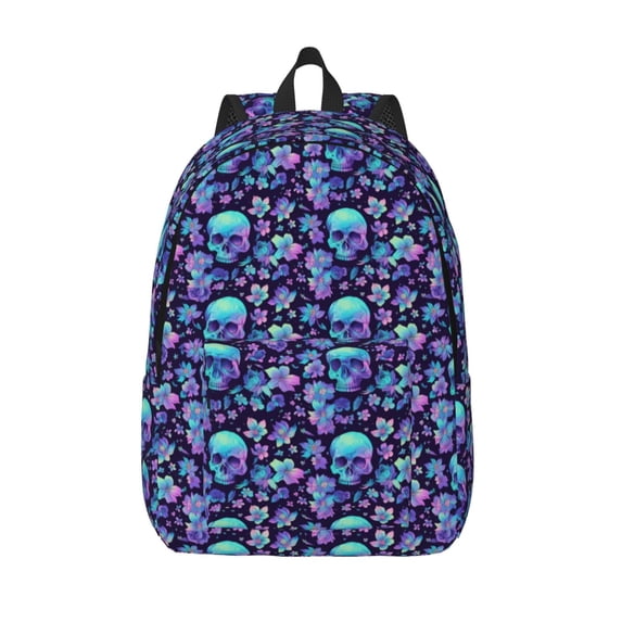 Lsque Blue Flower Skull Pattern Canvas Daypack, Durable Backpack, High-quality Versatile Backpack,Vintage Compact Backpack-Medium