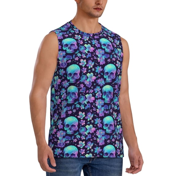 Lsque Blue Flower Skull Print Men's Cotton Blend Sleeveless Muscle Shirts (S-3XL)- Moisture Wicking, Odor Protection, UPF 30+,Medium