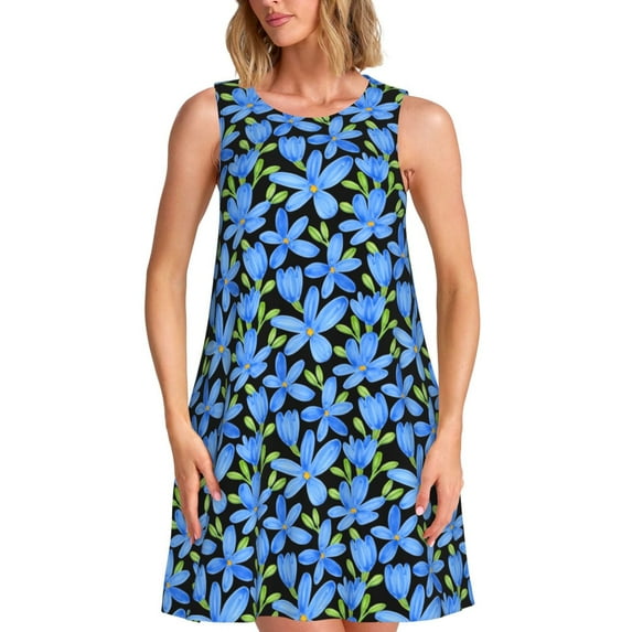Lsque Blue Flowers Pattern Summer Dresses for Women – Sleeveless T-Shirt Swing Sundress, Perfect for the Beach and Casual Days