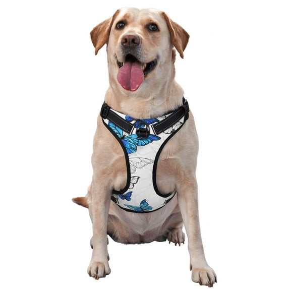 Lsque Blue Flying Butterflies Dog Harness, No-Pull Pet Harness with 2 Leash Clips, Adjustable Soft Padded Dog Vest with Easy Control Handle for Large Dogs-Small