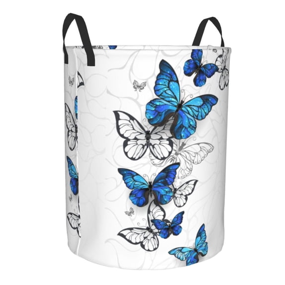 Lsque Blue Flying Butterflies pattern Laundry Hamper Basket, Tall Woven Rope Hamper Basket for Clothes, Lightweight Storage Basket, Collapsible Waterproof-Small