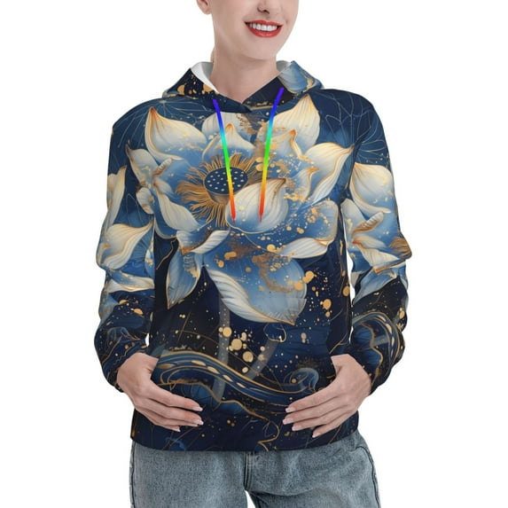 Lsque Blue Golden Dream Lotus Pattern Casual Women's Hoodie,Hooded Sweatshirt with Kangaroo Pocket,Pullover Hoodie with Eye-catching Drawstrings-X-Large