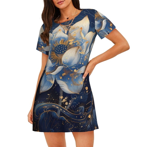 Lsque Blue Golden Dream Lotus Pattern Nightgowns for Women Sleep Shirts Short Sleeve Nightshirt Pullover Nightdress Soft Sleepwear Relaxed Fit Nightdress