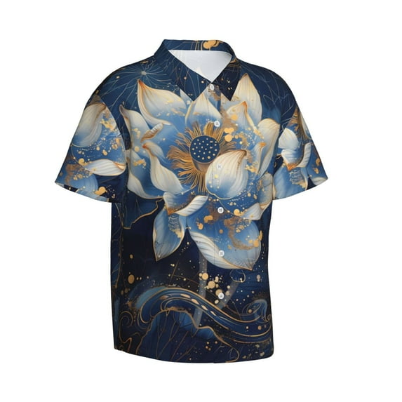 Lsque Blue Golden Dream Lotus pattern Hawaiian Shirt for Men, Unisex Summer Beach Casual Short Sleeve Button Down Shirts-Small