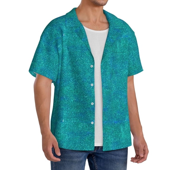 Lsque Blue Green Glitter print Men's Cuban Collar Short Sleeve Shirt Summer Beachwear Casual Button Down Fashionable Vacation Leisure Shirt-Small