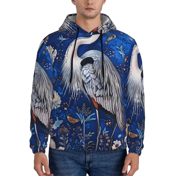 Lsque Blue Heron Floral Garden Pattern Casual Men's Hoodie,Hooded Sweatshirt with Kangaroo Pocket,Pullover Hoodie-4X-Large