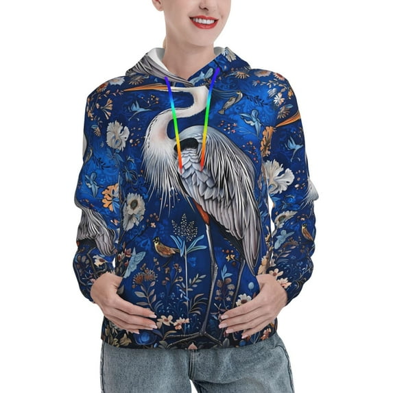 Lsque Blue Heron Floral Garden Pattern Casual Women's Hoodie,Hooded Sweatshirt with Kangaroo Pocket,Pullover Hoodie with Eye-catching Drawstrings-Medium