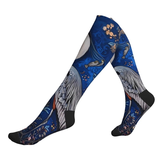 Lsque Blue Heron Floral Garden Pattern Sport Compression Socks for Men & Women 15-20 mmHg Knee High Nurse Pregnant Running Medical and Travel Athletic