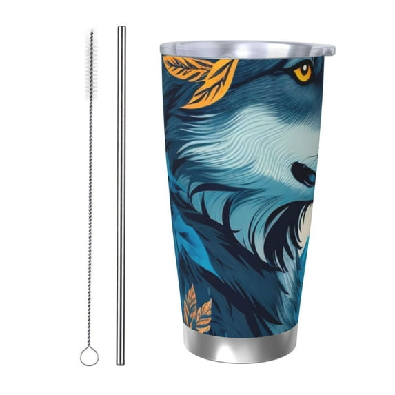 Lsque Blue Iceberg Leaf Wolf Pattern 20oz Car Cup with Lid and Straw, Insulated Coffee Cup with Straw Topper, Spill Proof Travel Coffee Mug, Stainless Steel Tumble-Straw Two-piece Set