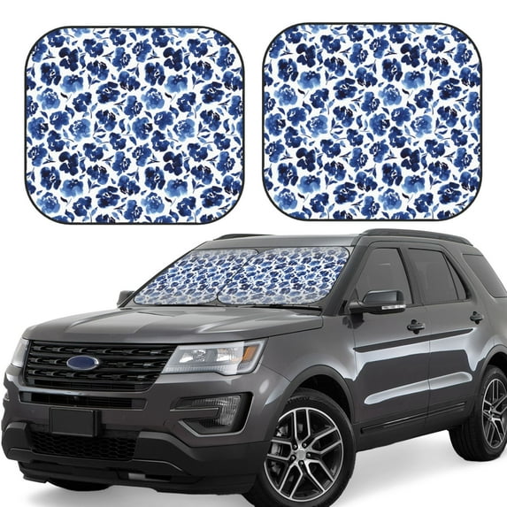 Lsque Blue Ink Flowers 2 PCS Windshield Sun Shade | CarFoldable Window Covers | Car Accessories Reflect UV for Universal Cars SUV Truck | Medium