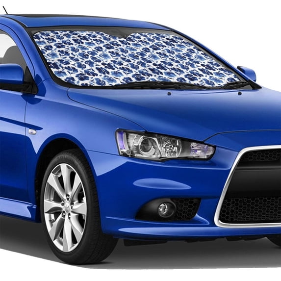 Lsque Blue Ink Flowers Car Windshield Sun Shade | Accordion Folding Style Auto Shade for Car Truck SUV Van | Blocks UV Rays Sun Visor Protector | Small