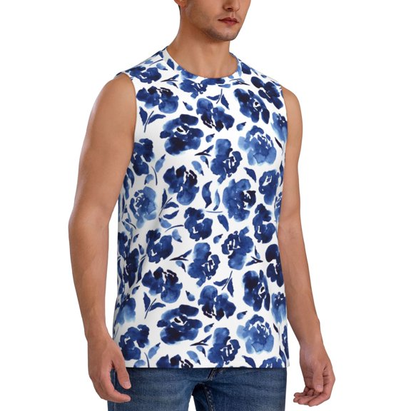 Lsque Blue Ink Flowers Print Men's Cotton Blend Sleeveless Muscle Shirts (S-3XL)- Moisture Wicking, Odor Protection, UPF 30 ,Small