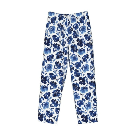 Lsque Blue Ink Flowers Print Men's Pajama Pants, Lounge Pant - Comfortable Home Wear,Elastic Waistband, Stylish Design-Small