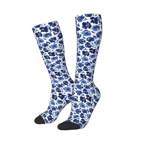 Lsque Blue Ink Flowers Printed Crew Socks Men's Women's LightWeight Thin Casual Calf Socks ,Knee High Socks,Cotton Socks