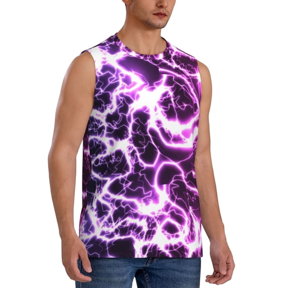 Lsque Blue Lightning Print Men's Cotton Blend Sleeveless Muscle Shirts (S-3XL)- Moisture Wicking, Odor Protection, UPF 30+,Small