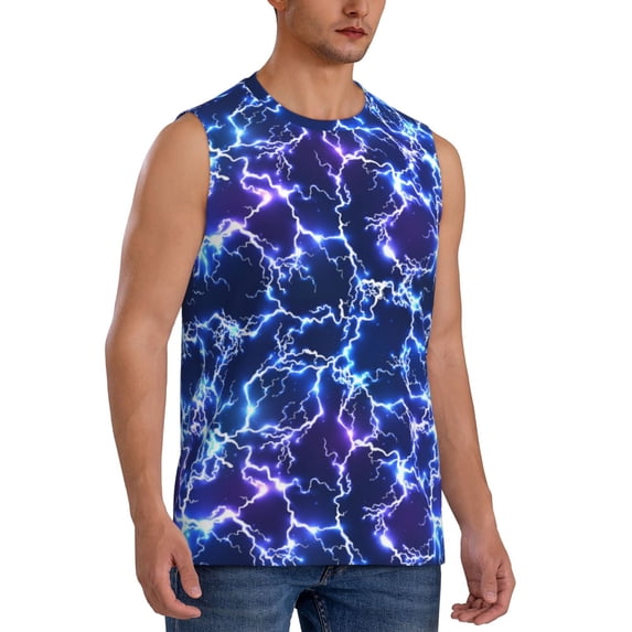 Lsque Blue Lightning1 Print Men's Cotton Blend Sleeveless Muscle Shirts (S-3XL)- Moisture Wicking, Odor Protection, UPF 30+,XX-Large