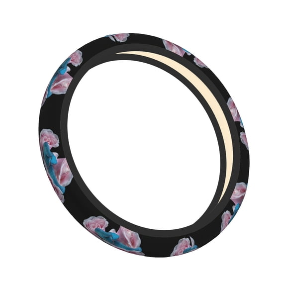 Lsque Blue Lipped Pit Viper And Three Pink Roses Ultra Soft Car Steering Wheel Cover for Women, Standard 15 inch Size for Truck Van SUV Auto