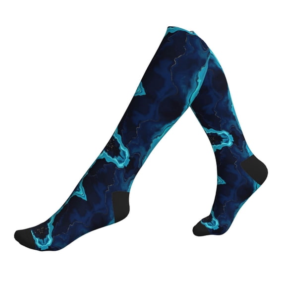 Lsque Blue Marble And Gold Pattern Sport Compression Socks for Men & Women 15-20 mmHg Knee High Nurse Pregnant Running Medical and Travel Athletic
