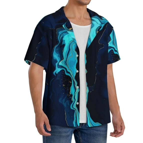 Lsque Blue Marble And Gold print Men's Cuban Collar Short Sleeve Shirt Summer Beachwear Casual Button Down Fashionable Vacation Leisure Shirt-4X-Large