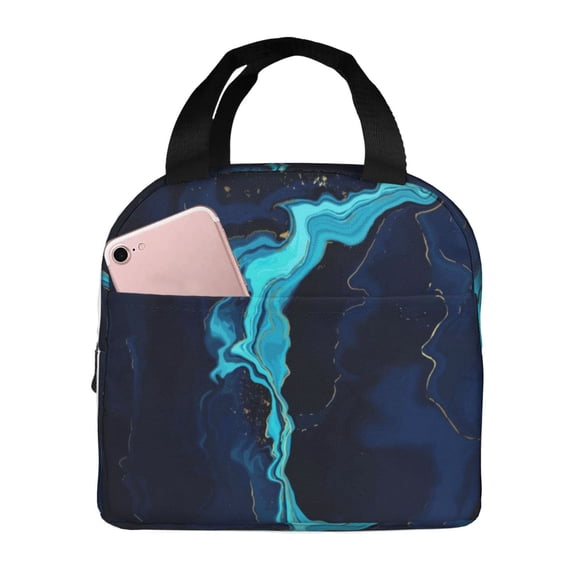 Lsque Blue Marble And Gold Pattern Lunch Bag Women/Men Insulated Lunch Box,Small Leakproof Cooler Food Lunch Containers Reusable High Capacity Lunch Tote Bags