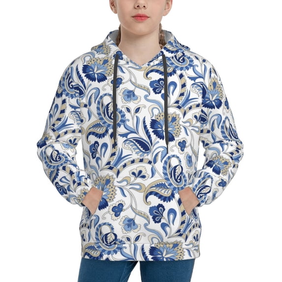Lsque Blue Paisley Patten Youth Hoodie Sweatshirt Pullover with Kangaroo Pocket Boys and Girls Hoodie Warm Hoodie for Kids-Medium