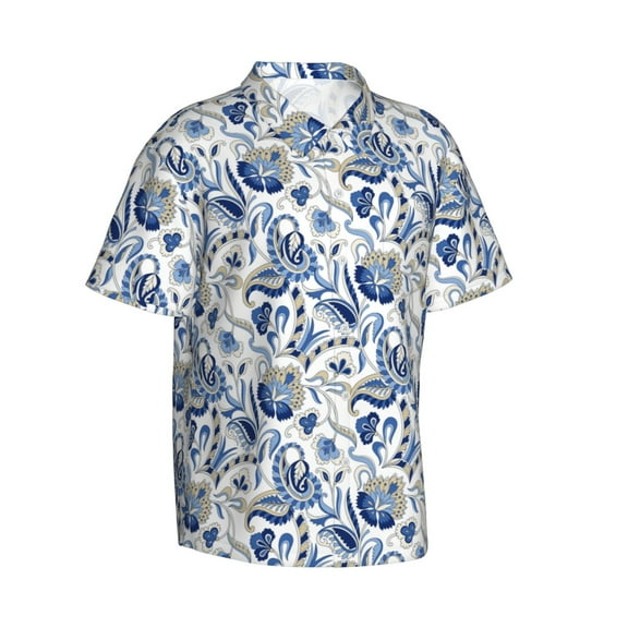 Lsque Blue Paisley pattern Hawaiian Shirt for Men, Unisex Summer Beach Casual Short Sleeve Button Down Shirts-Small