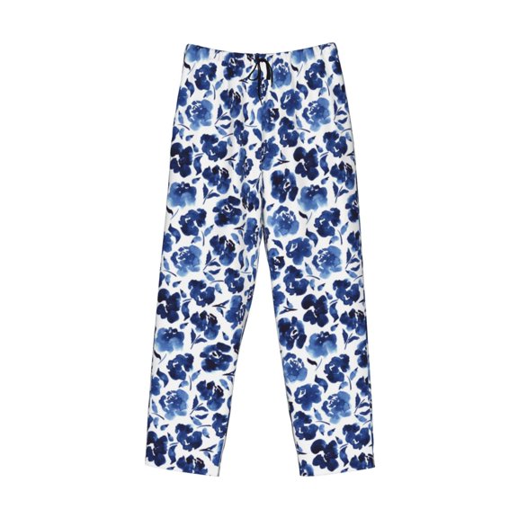 Lsque Blue Roses Print Men's Pajama Pants, Lounge Pant - Comfortable Home Wear,Elastic Waistband, Stylish Design-Small