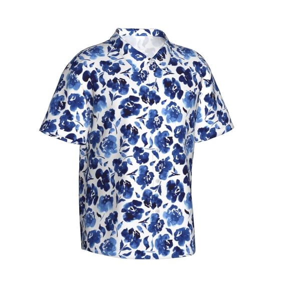 Lsque Blue Roses pattern Hawaiian Shirt for Men, Unisex Summer Beach Casual Short Sleeve Button Down Shirts-Medium