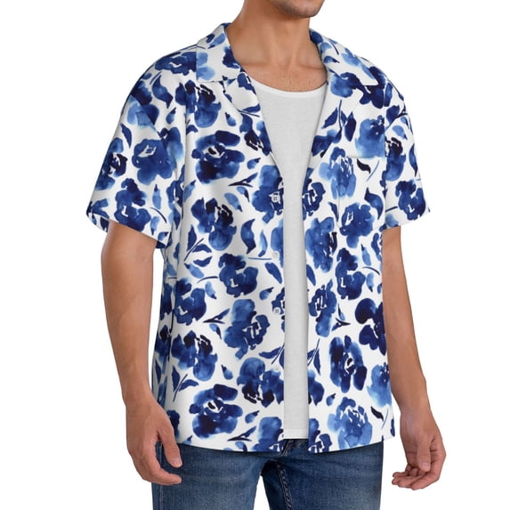 Lsque Blue Roses print Men's Cuban Collar Short Sleeve Shirt Summer Beachwear Casual Button Down Fashionable Vacation Leisure Shirt-3X-Large