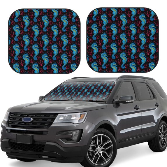 Lsque Blue Seahorse 2 PCS Windshield Sun Shade | CarFoldable Window Covers | Car Accessories Reflect UV for Universal Cars SUV Truck | Small